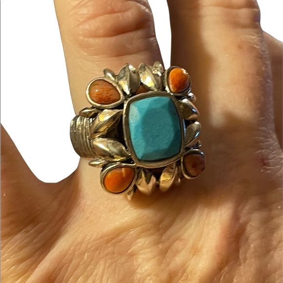 Vintage sterling silver large chunky navajo Turquoise & Spiny Oyster Ring - Picture 3 of 14